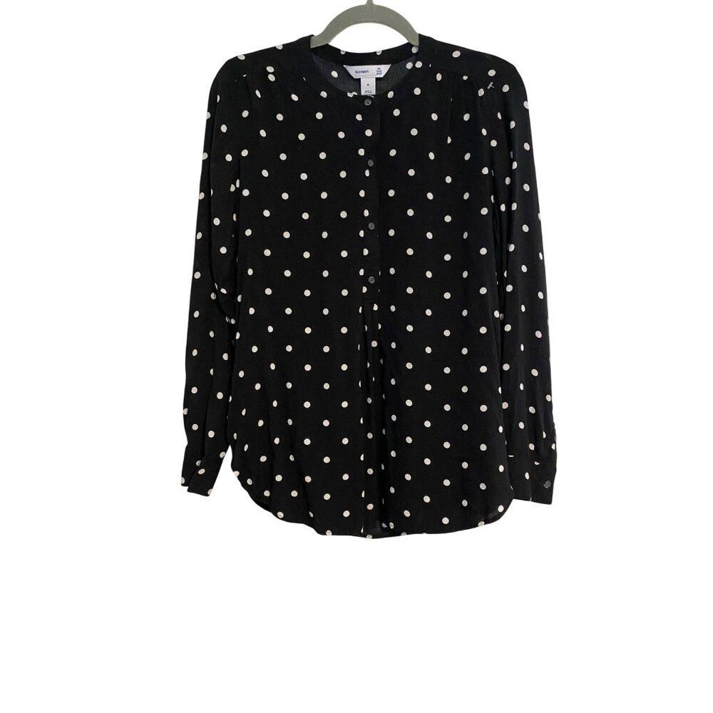 Old Navy Top Women's M Black Polka Dot Popover Shirt Long Sleeves Boho Preppy